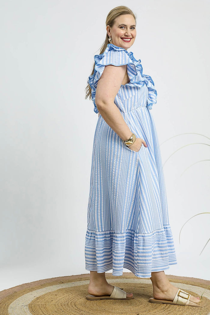 umgee striped blue ruffle midi dress