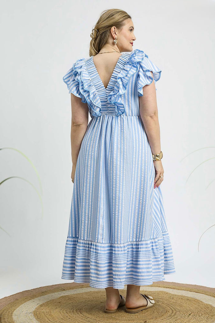 umgee striped blue ruffle midi dress