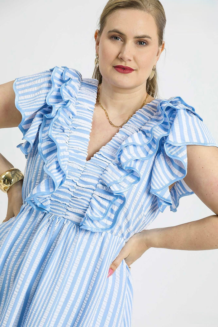umgee striped blue ruffle midi dress