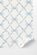 vintage-inspired pastel blue bow and diamond ribbon print