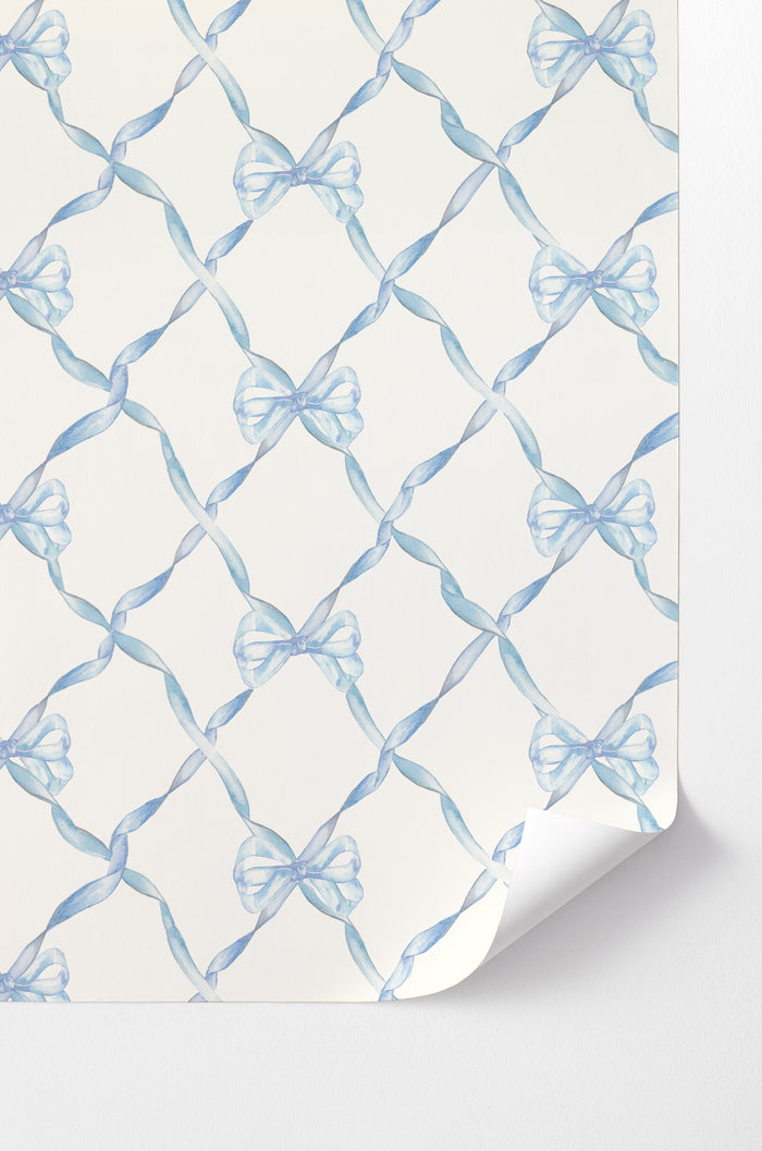 vintage-inspired pastel blue bow and diamond ribbon print
