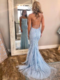 Backless Blue Mermaid Lace Prom Dresses, Backless Lace Formal Dresses, Blue Graduation Dresses, Wedding Dresses