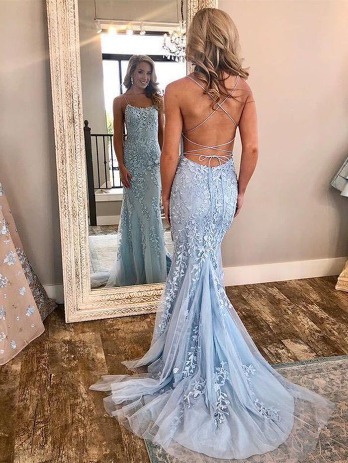 Backless Blue Mermaid Lace Prom Dresses, Backless Lace Formal Dresses, Blue Graduation Dresses, Wedding Dresses