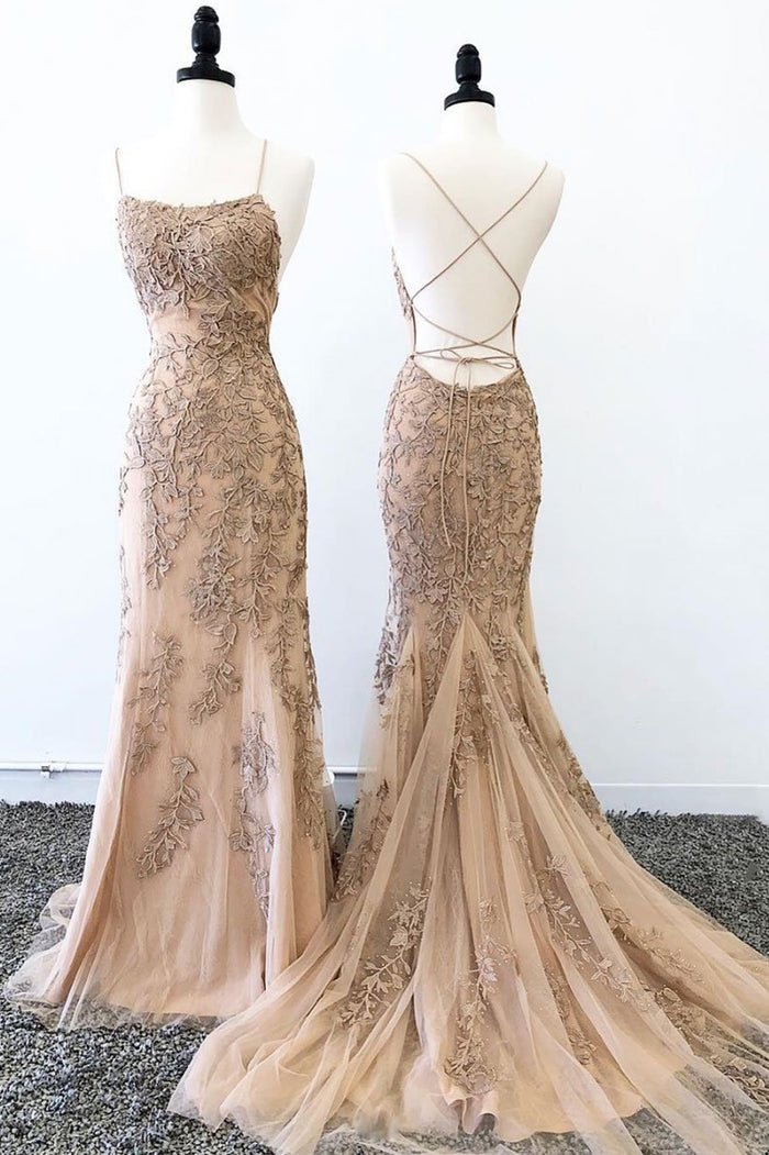 Backless Mermaid Champagne Lace Prom Dresses, Mermaid Champagne Lace Formal Graduation Evening Dresses