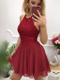 Backless Short Burgundy Lace Prom Dress, Short Burgundy Lace Formal Homecoming Cocktail Dresses