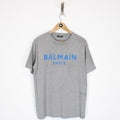 Balmain Paris Grey and Blue Logo Print Short Sleeve T-Shirt