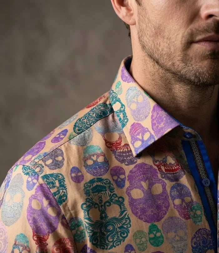 Beige Colourful Skull Print with Matching Handkerchief