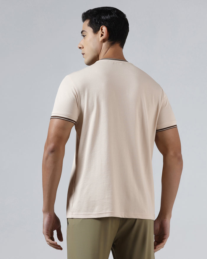 Beige Crew Neck Textured T-Shirt - Doloras