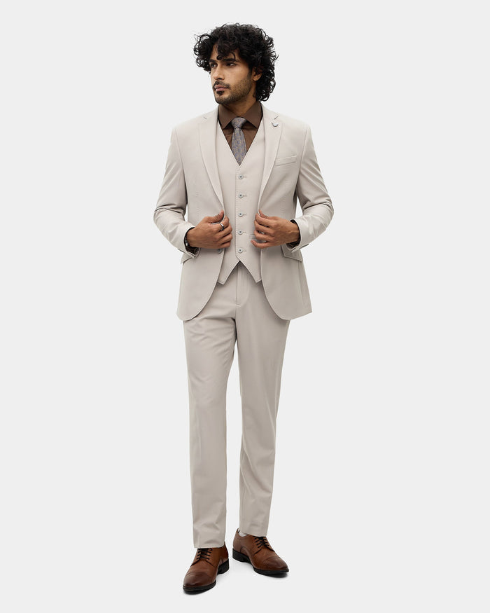 Beige Three Piece Textured Suit - Fidela