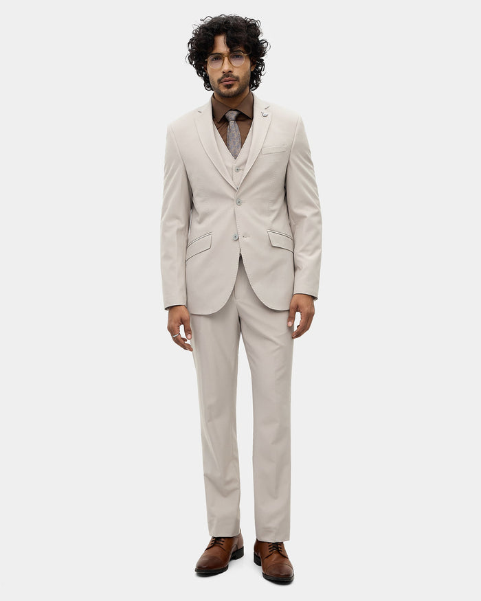 Beige Three Piece Textured Suit - Fidela