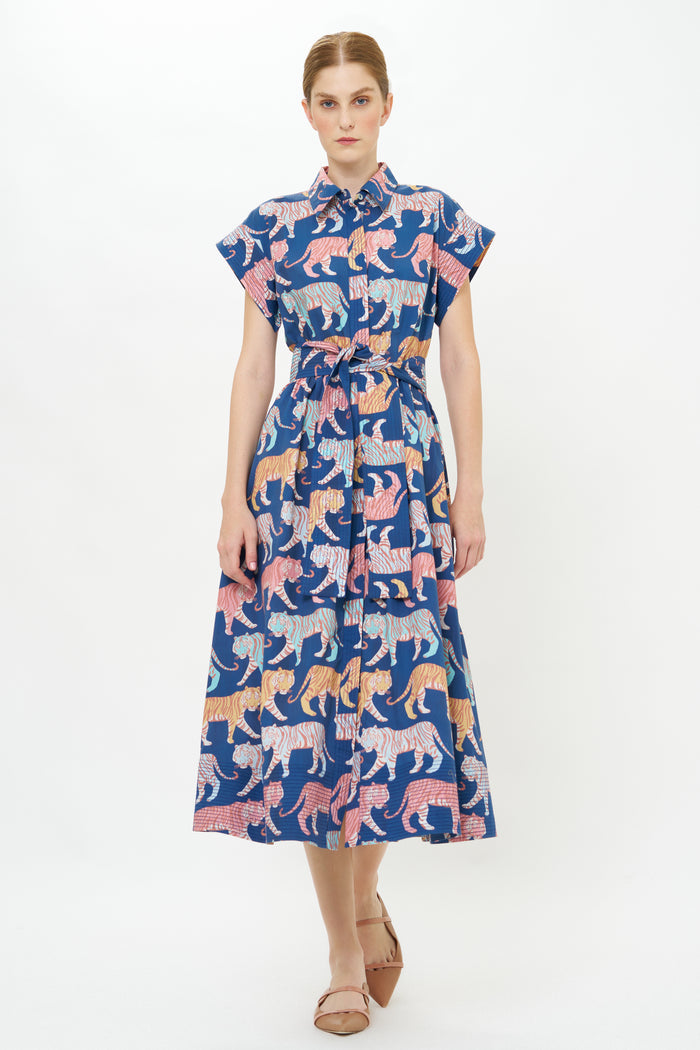 Belted Shirt Dress- Raj Navy