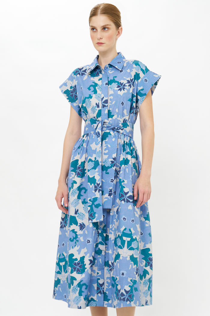 Belted Shirt Dress- Suzani Blue
