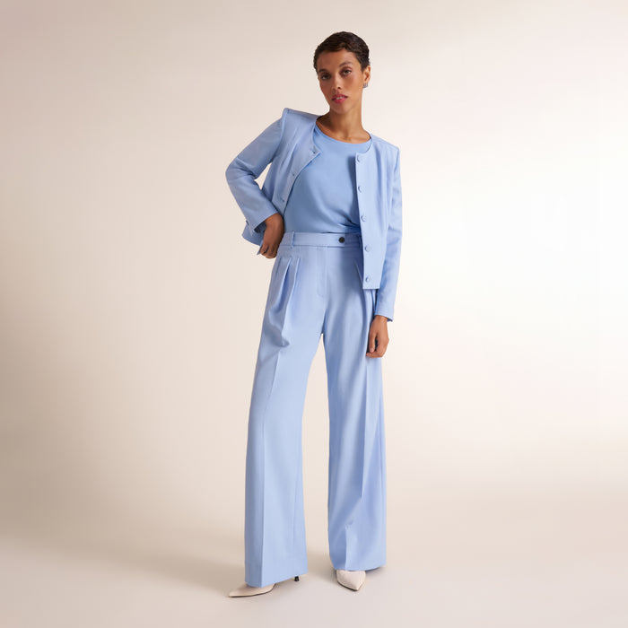 Woman wearing a light blue pant, blazer, and top on a beige background