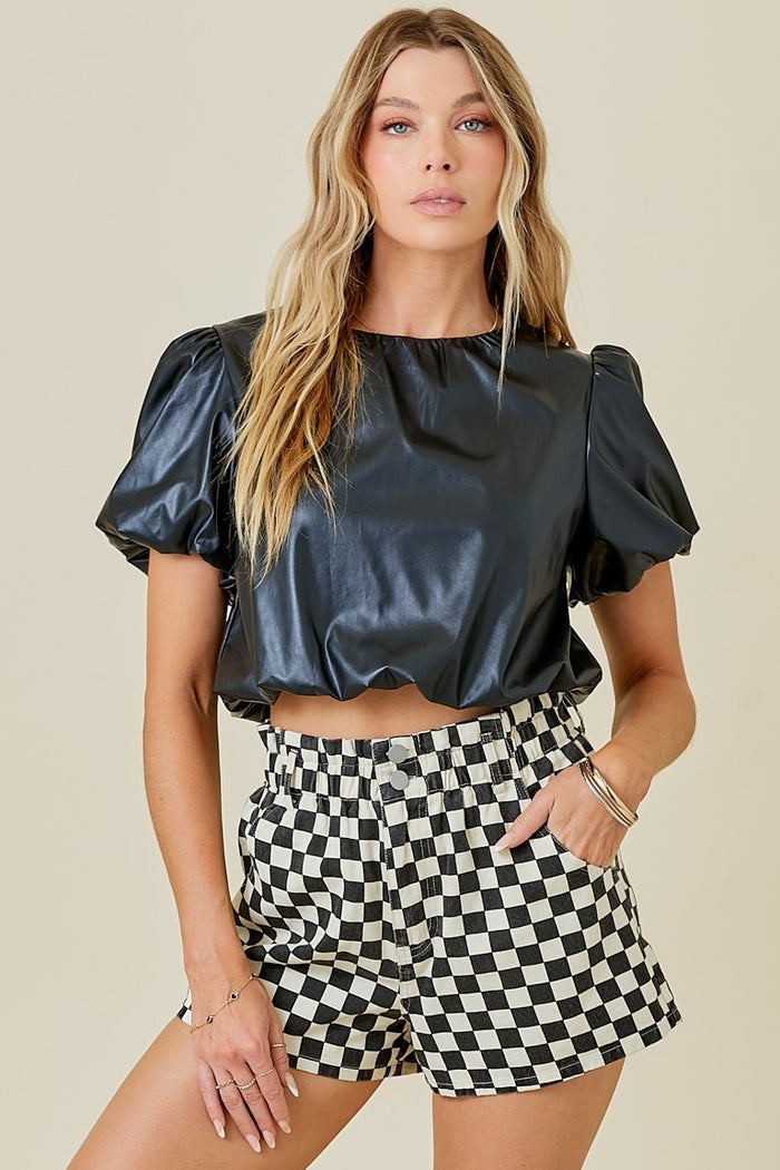 Black and ivory checker print game day denim shorts