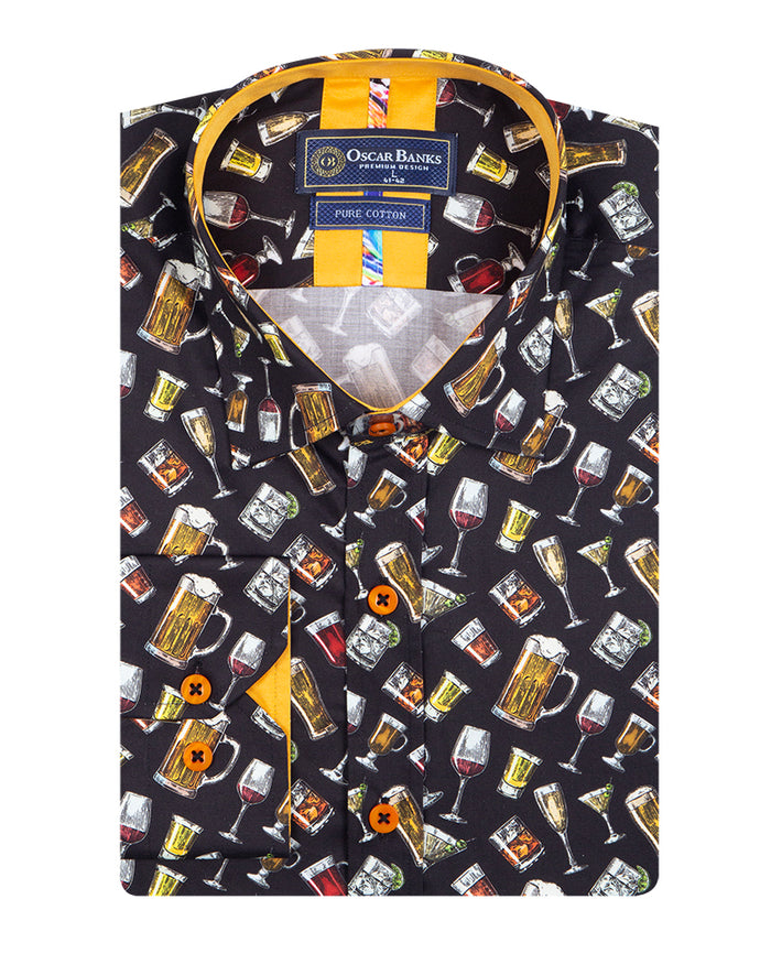Black Cocktail Print Shirt with Matching Handkerchief-Makrom