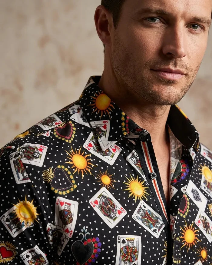 Black Playing Card Print Shirt with Matching Handkerchief