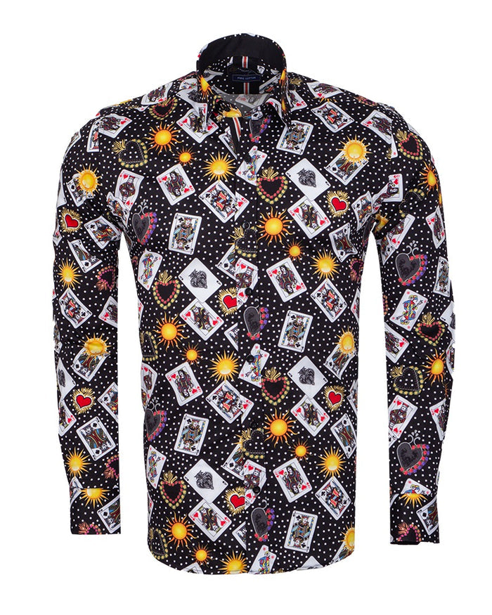 Black Playing Card Print Shirt with Matching Handkerchief-Makrom