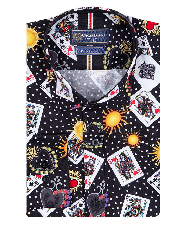 Black Playing Card Print Shirt with Matching Handkerchief-Makrom