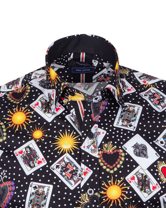 Black Playing Card Print Shirt with Matching Handkerchief-Makrom