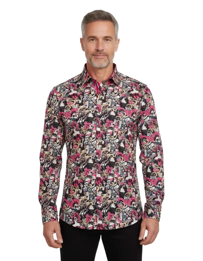 Black Skull Print Shirt with Matching Handkerchief-Makrom