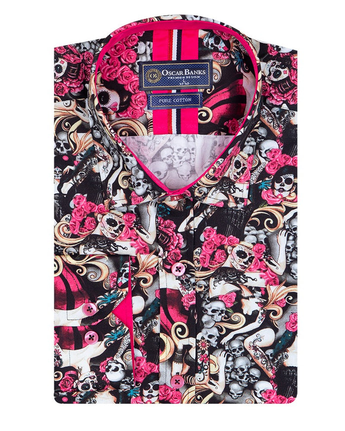Black Skull Print Shirt with Matching Handkerchief-Makrom