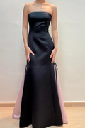 Black Strapless Sleeveless A-Line Scoop Satin Long Prom Formal Dress