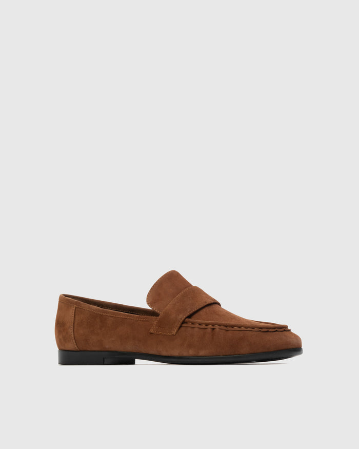 Brown suede loafer on a light gray background | Grid Hover | Exclude