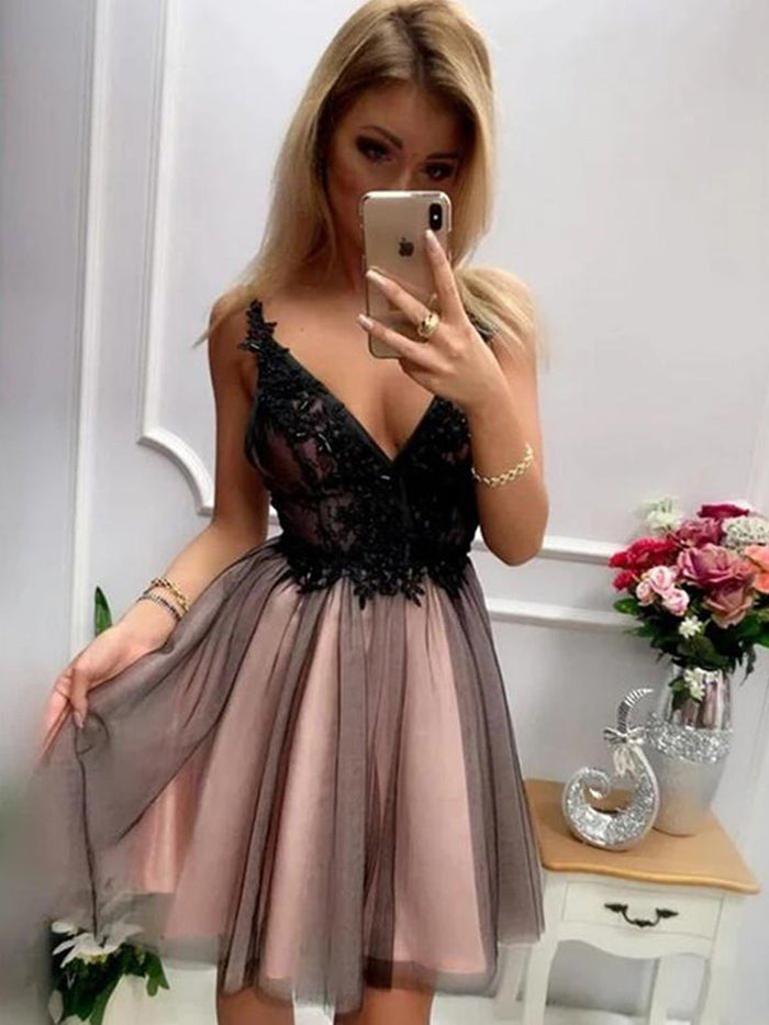 Black Tulle V Neck Short Lace Prom Dresses, Short V Neck Black Lace Homecoming Graduation Dresses