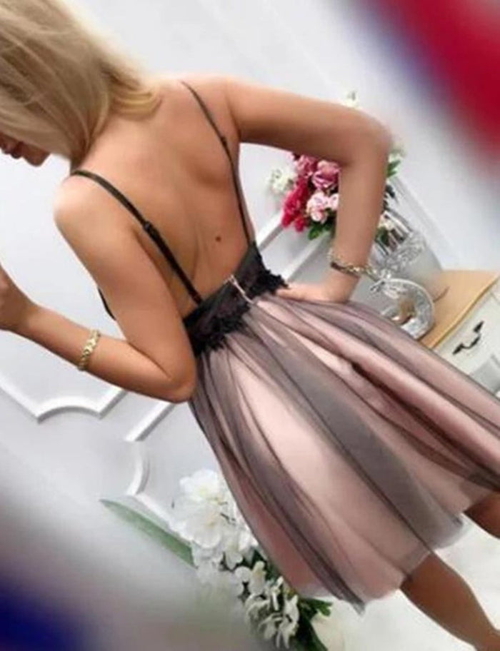 Black Tulle V Neck Short Lace Prom Dresses, Short V Neck Black Lace Homecoming Graduation Dresses