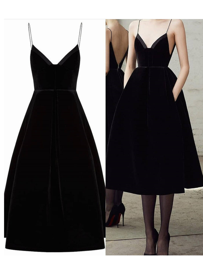 Black V Neck Tea Length Prom Dresses, Short Black V Neck Graduation Formal Homecoming Dresses
