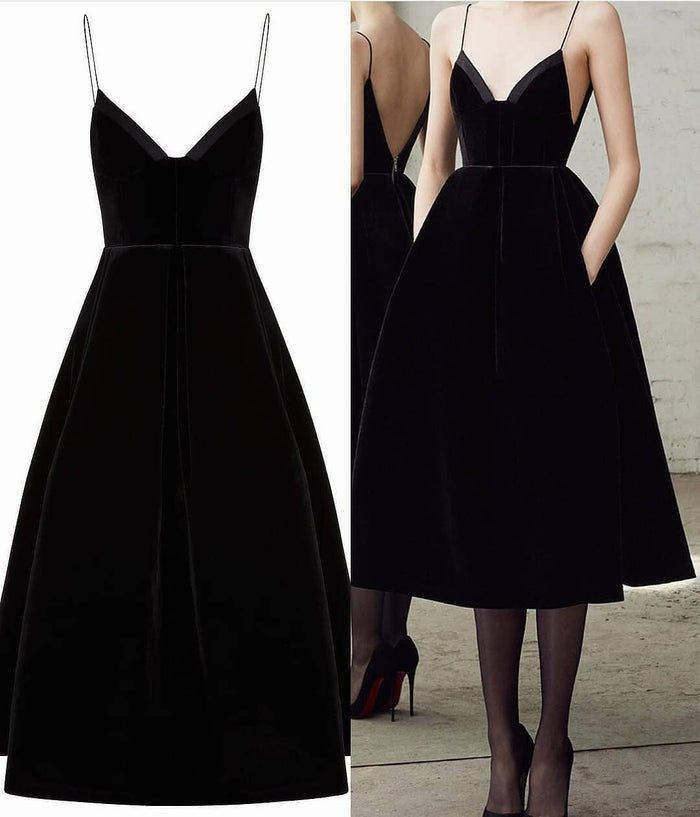 Black V Neck Tea Length Prom Dresses, Short Black V Neck Graduation Formal Homecoming Dresses