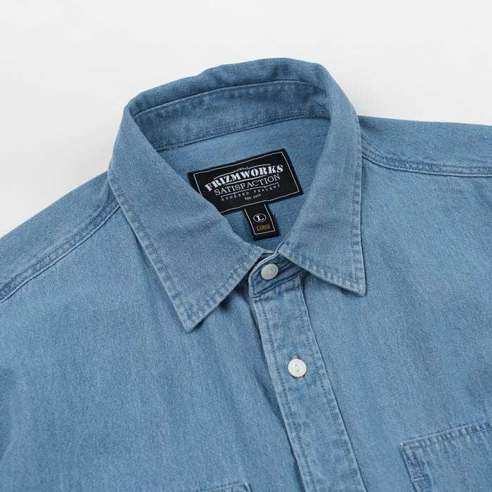 BLEACHED DENIM UTILITY SHIRT - MID BLUE