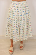 ivory floral elastic waist flowy midi skirt