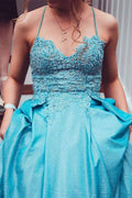 Blue A-line Lace Appliques Long Prom Dress with Lace Up Back