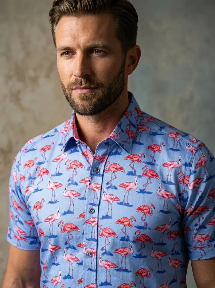 Blue Flamingo Print Short Sleeve Shirt