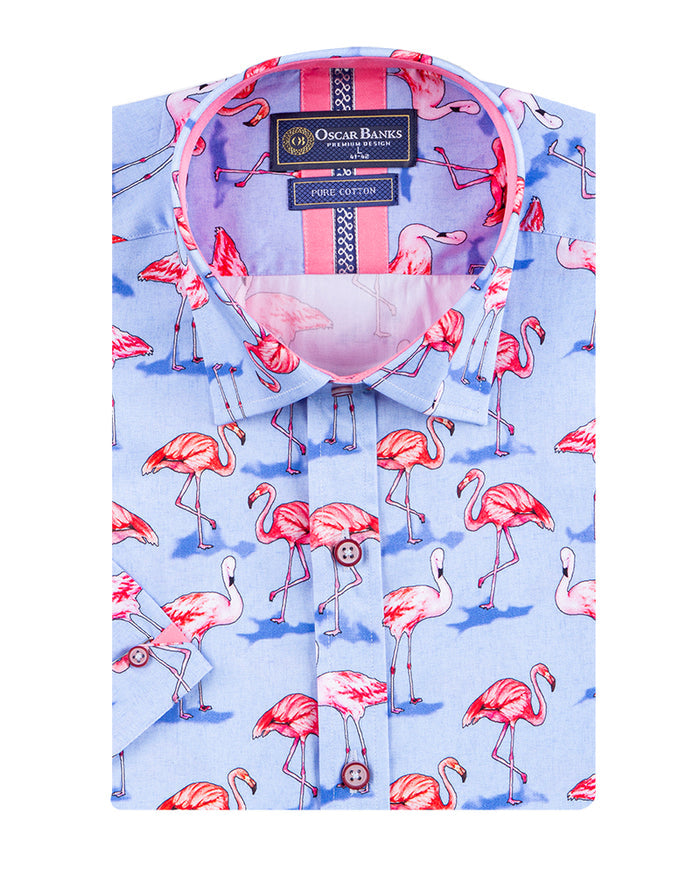 Blue Flamingo Print Short Sleeve Shirt-Makrom