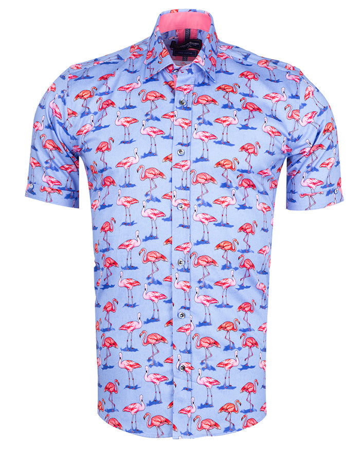 Blue Flamingo Print Short Sleeve Shirt-Makrom