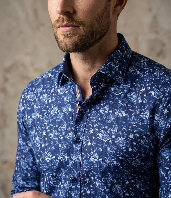 Blue Flower Print Shirt with Matching Handkerchief