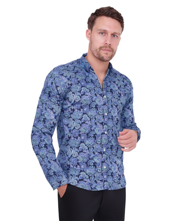 Blue Paisley Print Shirt with Matching Handkerchief-Makrom