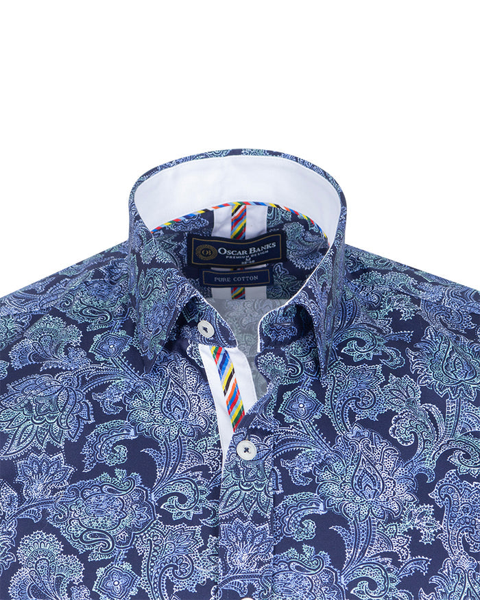 Blue Paisley Print Shirt with Matching Handkerchief-Makrom