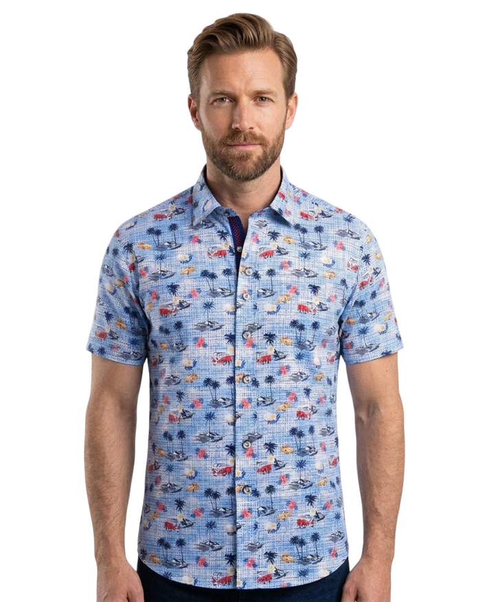 Blue Retro Cars Print Short Sleeve Shirt-Makrom