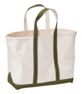 White tote bag with green handles and trim on a white background