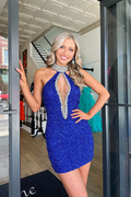 Bodycon Royal Blue Halter Sequins Short Homecoming Dresses with Beadings