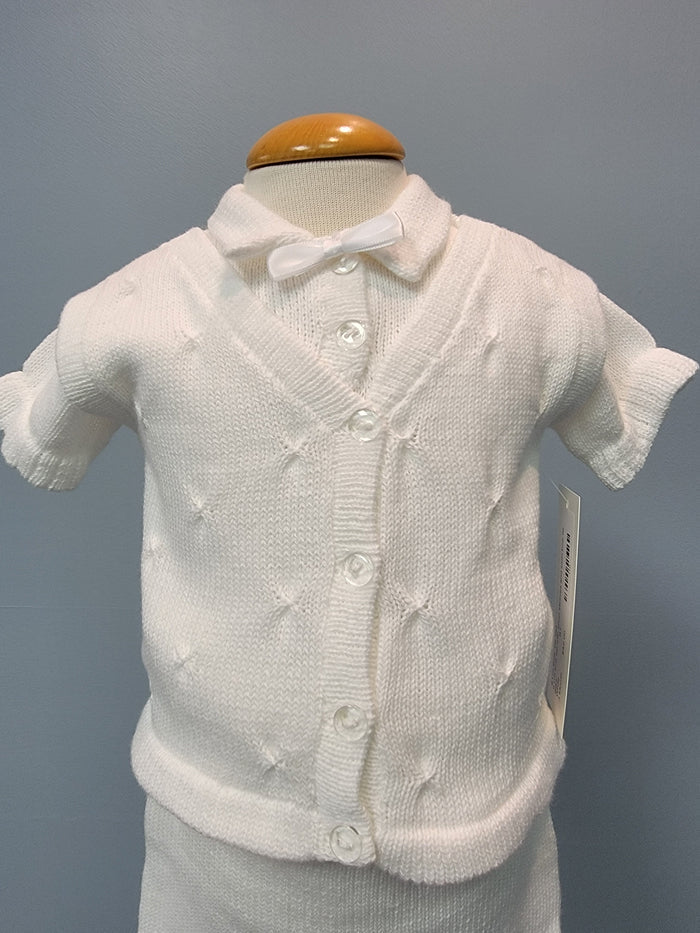 White knit baby boy outfit with bowtie.