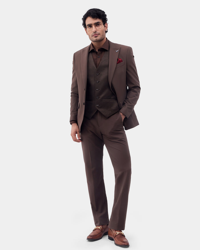 Brown Three Piece Solid Suit - Colteo