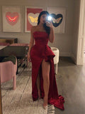 Burgundy Mermaid Prom Dress with High Slit, Burgundy Mermaid Evening Dresses, Formal Dresses