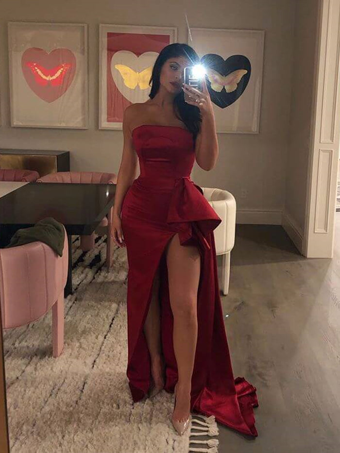 Burgundy Mermaid Prom Dress with High Slit, Burgundy Mermaid Evening Dresses, Formal Dresses