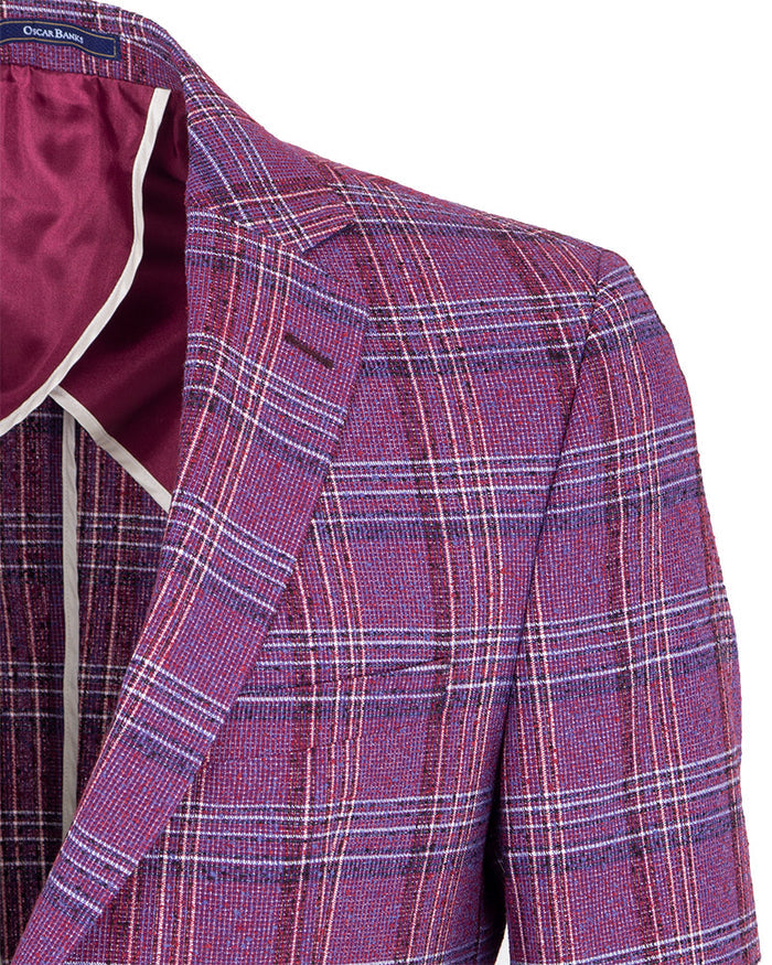 Burgundy Prince Of Wales Check Mens Blazer-Makrom
