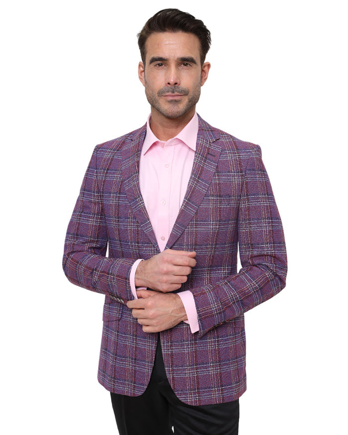 Burgundy Prince Of Wales Check Mens Blazer-Makrom