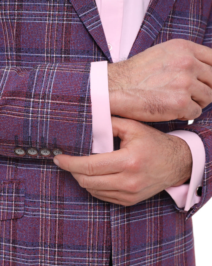 Burgundy Prince Of Wales Check Mens Blazer-Makrom